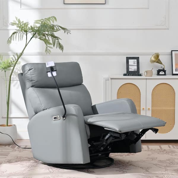 Blue Gray 360° Swivel PU Manual Recliner Chair Nursery Rocking Chair with Phone Holder
