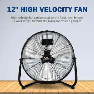 12 in. 3-Speed High-Velocity Industrial Heavy Duty Metal Floor Fan in Black with Tilting Head for Outdoor/Indoor Use