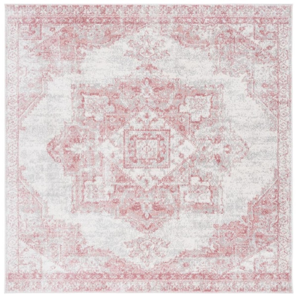 Layla 7 ft. x 7 ft. Ivory Gray/Pink Ornate Medallion Distressed Square Area Rug