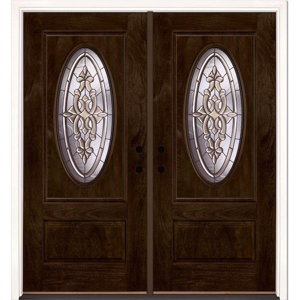 Feather River Doors 74 in.x81.625 in. Silverdale Patina 3/4 Oval Lt Stained Chestnut Mahogany Left-Hand Fiberglass Double Prehung Front Door