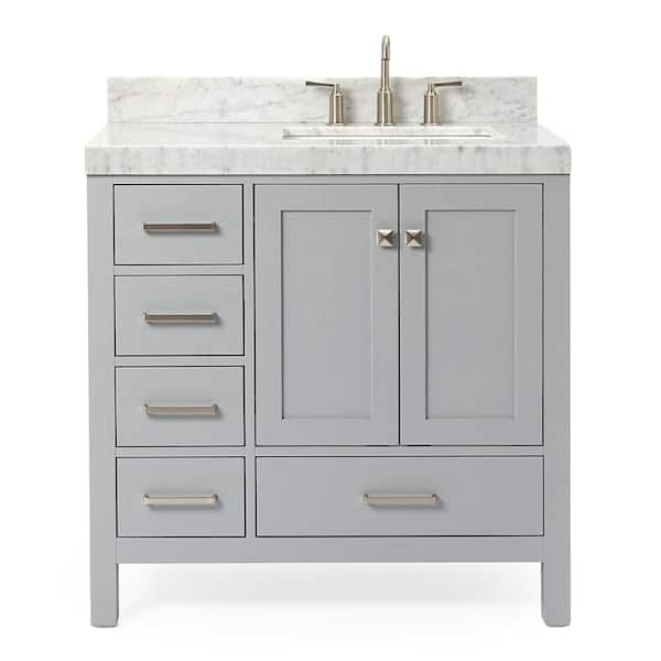 Cambridge 36 in. Single Sink Freestanding Bathroom Vanity in Gray with Carrara White Marble Top