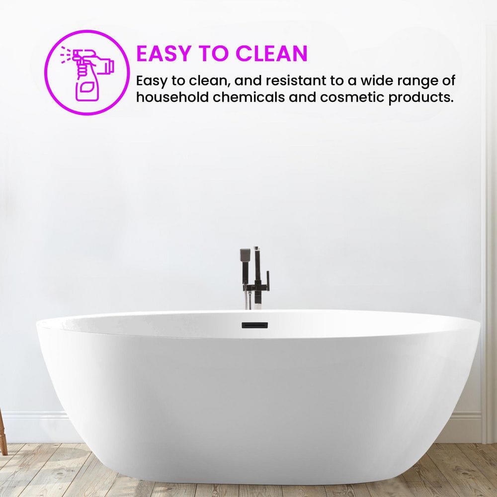 59" White Acrylic Freestanding Soaking Bathtub with Matte Black Drain