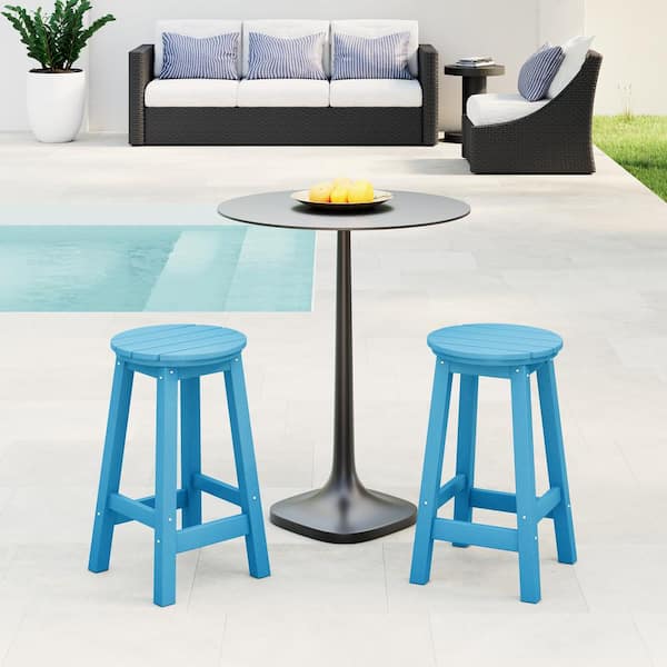 Laguna 24 in. Round HDPE Plastic Backless Counter Height Outdoor Dining Patio Bar Stools (2-Pack) in Pacific Blue