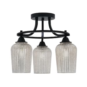 Madison 15 in. 3-Light Matte Black Semi-Flush Mount with Silver Textured Glass Shade