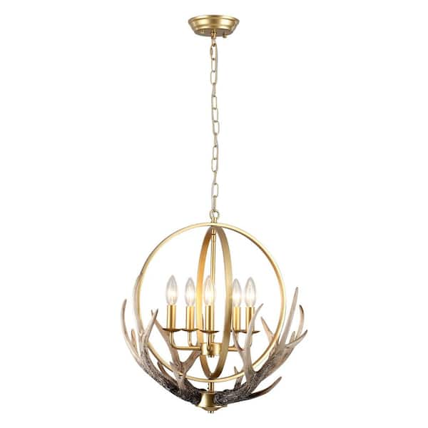 5-Light Gold Rustic Candlestick Hanging Linear Chandelier Lighting Globe Fixture for Kitchen Island