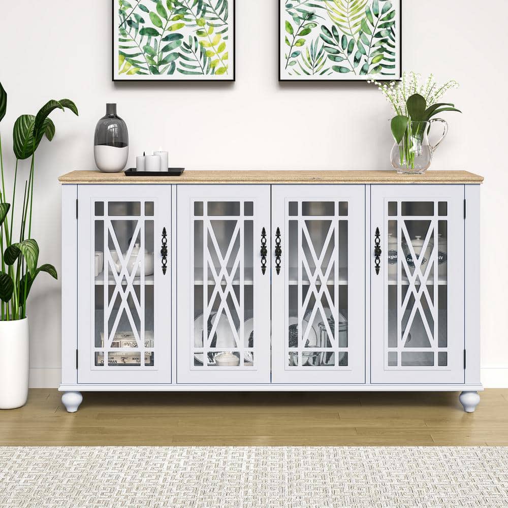 Festivo 63" Grayish-White Wood and Glass Sideboard Cabinet