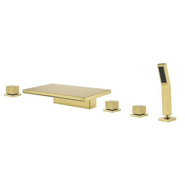 Fapully 3-Handle Deck-Mount Roman Tub Faucet, 5 Hole Waterfall Bathtub Shower Faucet with Hand Shower in Brushed Gold