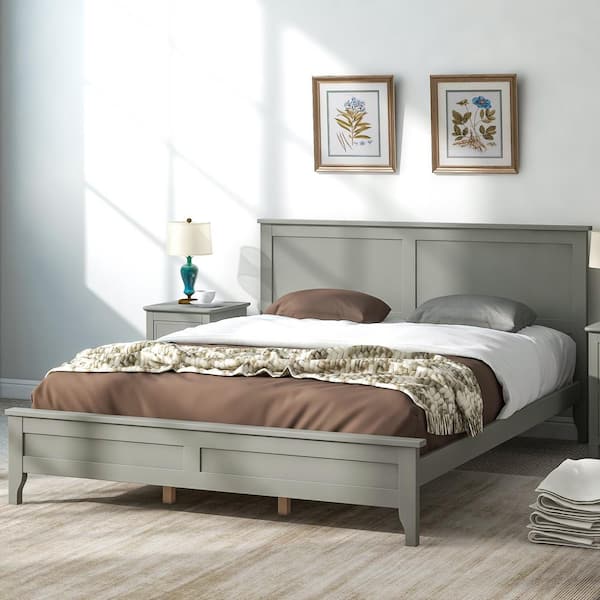 Harper & Bright Designs Gray Wood Frame Queen Size Elegant Simple Platform Bed with Sturdy Center Support Legs