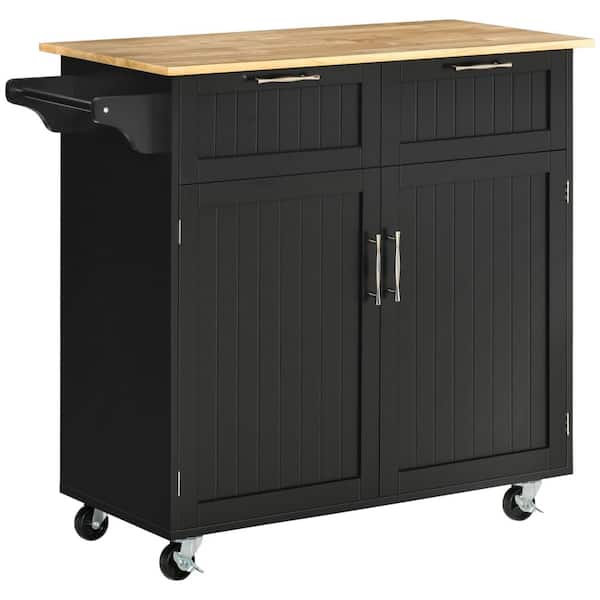Black Rubber Wood Top 41 in. Kitchen Island Cart with Adjustable Shelves, Cabinet, Towel Rack, and Locking Casters
