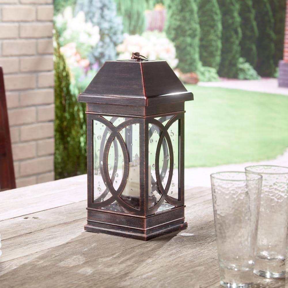 San Vicente II Bronze Solar Candle Lantern with Seeded Glass