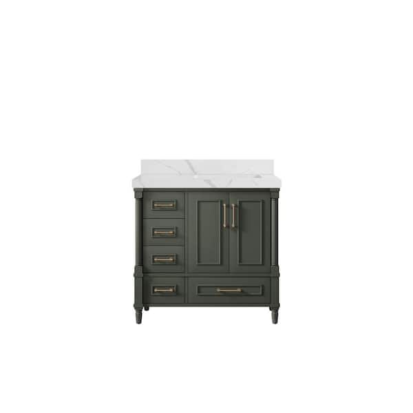 Willow Collections Hudson 36 in. W x 22 in. D x 36 in. H Right Offset Sink Bath Vanity in Pewter Green with 2 in Calacatta Quartz Top
