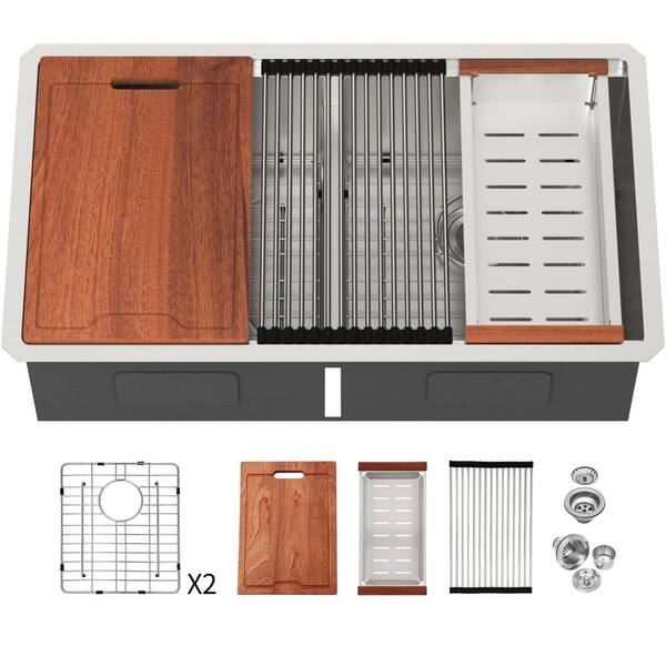 33 in. Drop-In 50/50 Double Bowl 16 Gauge Brushed Nickel Stainless Steel Kitchen Sink and Basin Rack