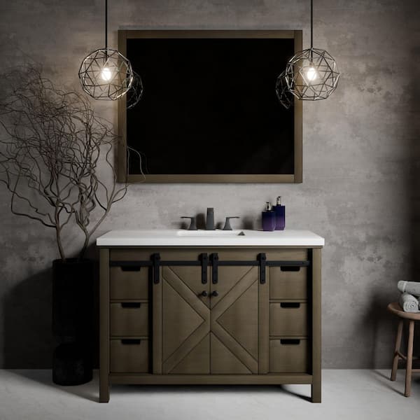 Marsyas 48 in W x 22 in D Rustic Brown Bath Vanity, White Quartz Countertop and 44 in Mirror