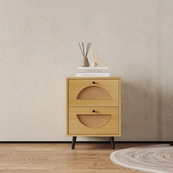 mieres Eureka Modern Minimalism Oak Nightstand, Boho Rattan End Table With 2-Drawers, Bedroom Accent Side Table