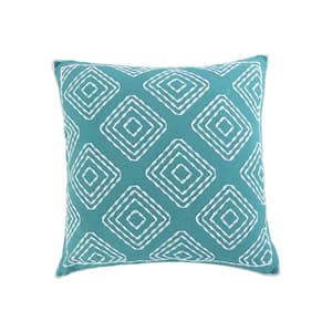 Del Ray Teal Geometric Crewel Stitch 20 in. x 20 in. Throw Pillow