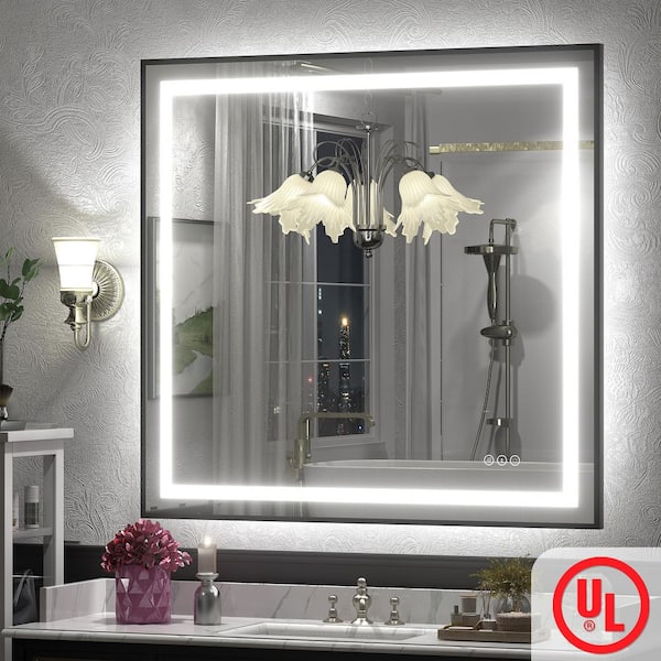 40 in. W x 38 in. H Rectangular Framed Front and Back LED Lighted Anti-Fog Wall Bathroom Vanity Mirror in Tempered Glass