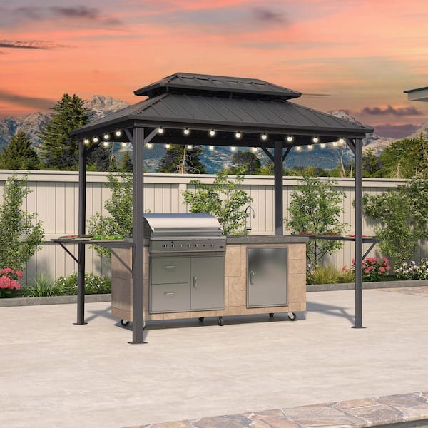 6 ft. x 9 ft. Hardtop Grill Gazebo for Patio Aluminum Barbecue Shelter Gazebo with Hooks,Shelves Double Tiered 24-Lights