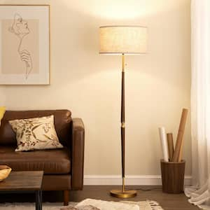 61.8 in. Traditional Walnut Solid Wood 1-Light Floor Lamp for Living Room with Beige Drum Shade