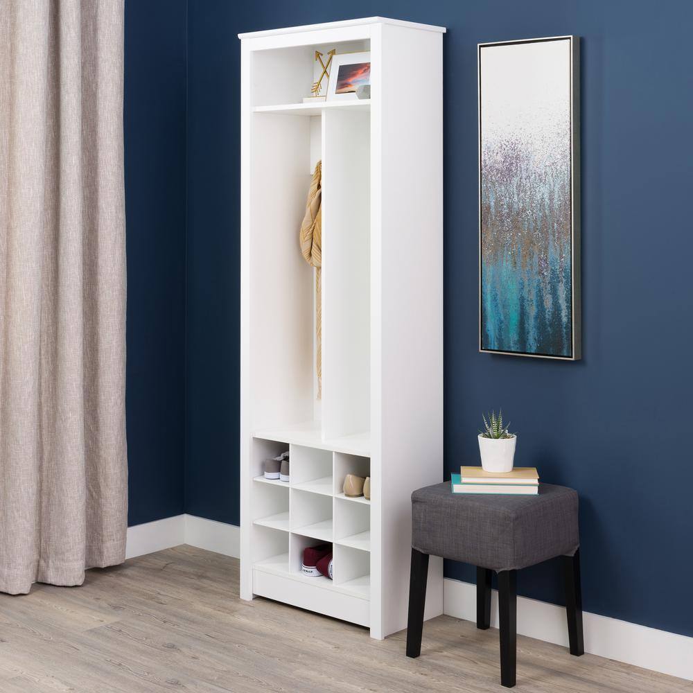 White Laminate Entryway Organizer with Shoe Storage and Coat Hooks