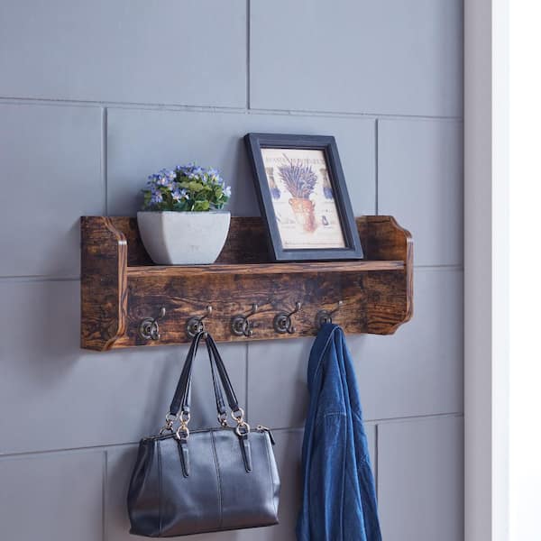DANYA B Rustic Aged Wood Print MDF Utility Floating Wall Shelf with Hooks  XF161206PI - The Home Depot