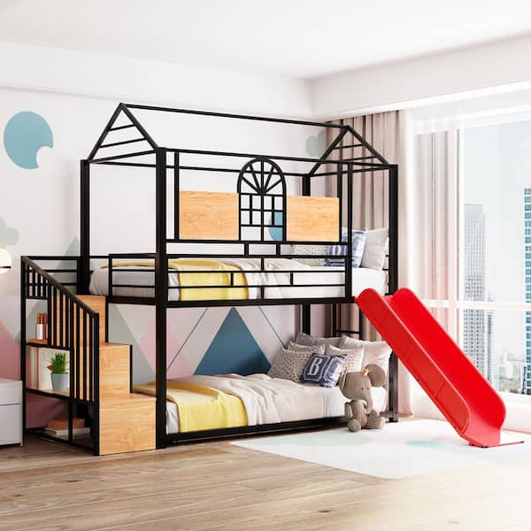 Polibi Black Twin Over Twin Metal Bunk Bed, Metal Housebed with Slide and Storage Stair with Red Slide