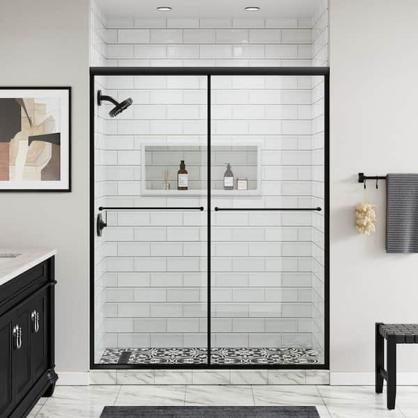 56 in. - 60 in. W x 76 in. H Double Sliding Semi-Frameless Shower Door in Matte Black with 5/16 in. (8 mm) Clear Glass