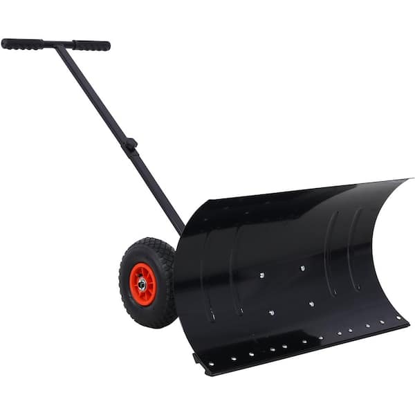 GAWEZA 15 in. Steel Angle-Adjustable Handle Steel Heavy-Duty Snow Shovel Rolling Pusher with 29 in. Blade, 10 in. Wheels