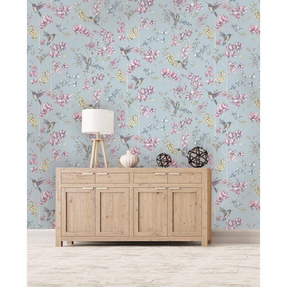 Teal Non-Pasted Hummingbird Trail Wallpaper with Glitter Highlights