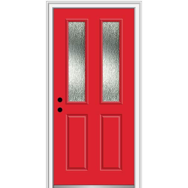 MMI Door 32 in. x 80 in. Right-Hand/Inswing Rain Glass Red Saffron Fiberglass Prehung Front Door on 4-9/16 in. Frame