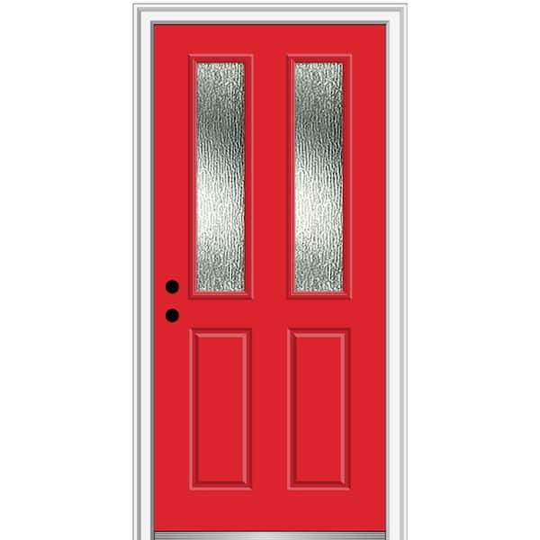 MMI Door 34 in. x 80 in. Right-Hand Inswing Rain Glass Red Saffron Fiberglass Prehung Front Door on 4-9/16 in. Frame
