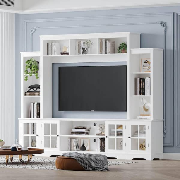 White TV Stand Fits TV's Up to 65 in. with Glass Doors and Open Shelves