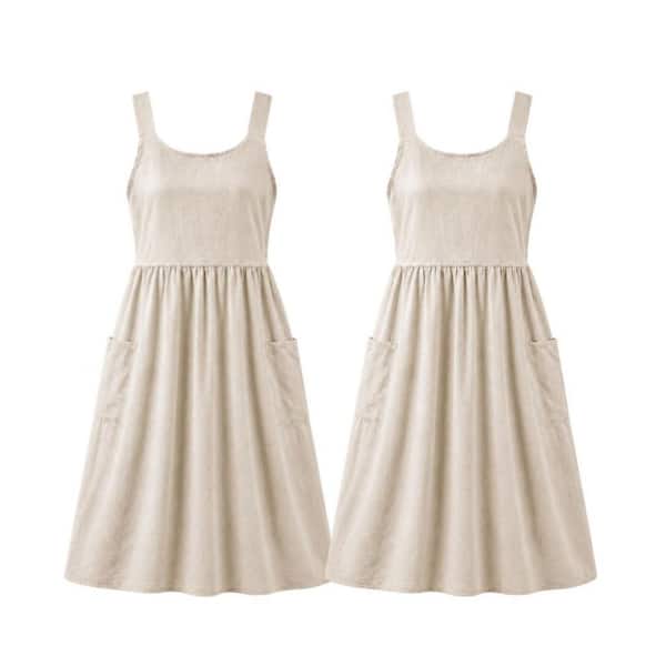 Beige Cross Back Cotton Linen Apron with Pockets for Women