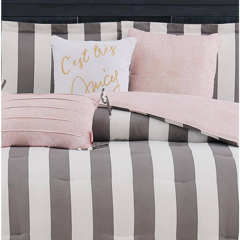 Twin Grey and White Striped Microfiber Comforter Set