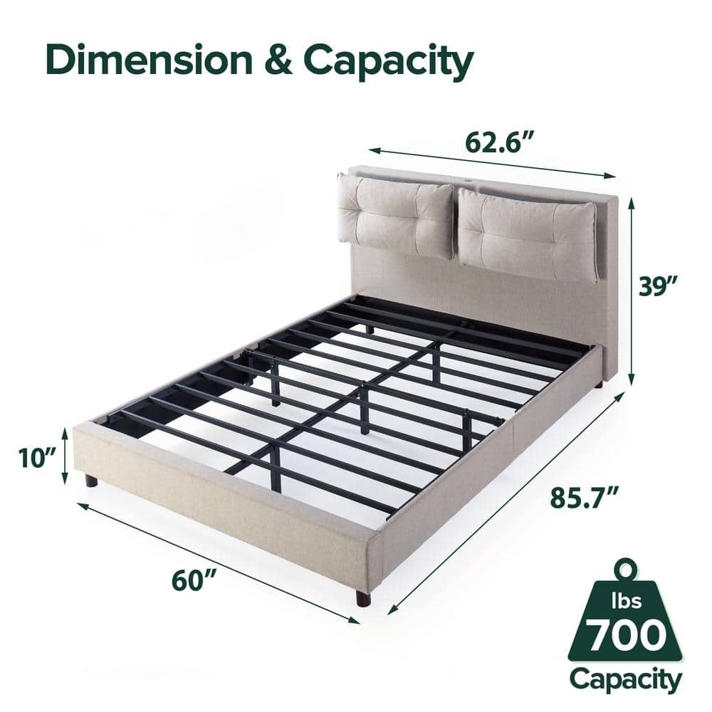 Avery Queen Metal Frame Upholstered Bed with Reclining Headboard and USB Ports, Beige