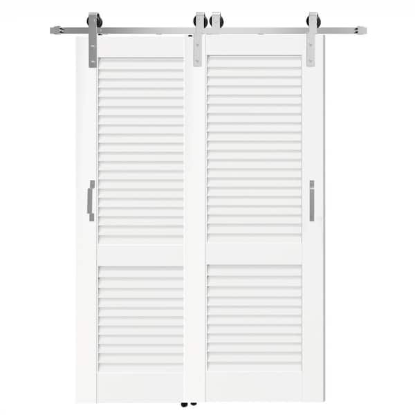64 in. x 80 in. Louvered Panel White Primed Pine Wood Bypass Barn Door Slab with Nickel-plated Hardware Kit Set