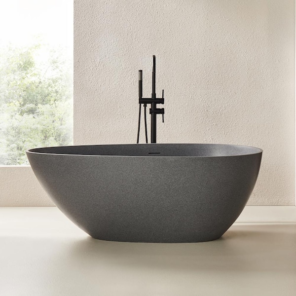 Vanity Art 67 in. x 34 in. Freestanding Oval Soaking Stone Resin Bathtub with Polished Chrome Overflow and Pop Up Drain