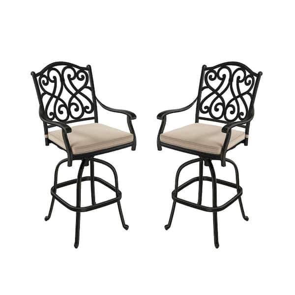 Black Cast Aluminum Outdoor Patio Retro Pattern Bar Height Swivel Dining Chair with Beige Cushion for Yard (2-Pack)