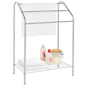 Silver Chrome Metal Freestanding Towel Rack with 3 Tiered Bars and Storage Shelf