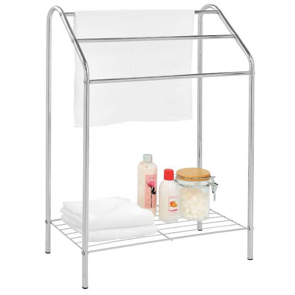 Dracelo Silver Chrome Metal Freestanding Towel Rack with 3 Tiered Bars and Storage Shelf