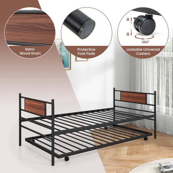 Costway Black Twin Size Metal Daybed with Trundle Mattress