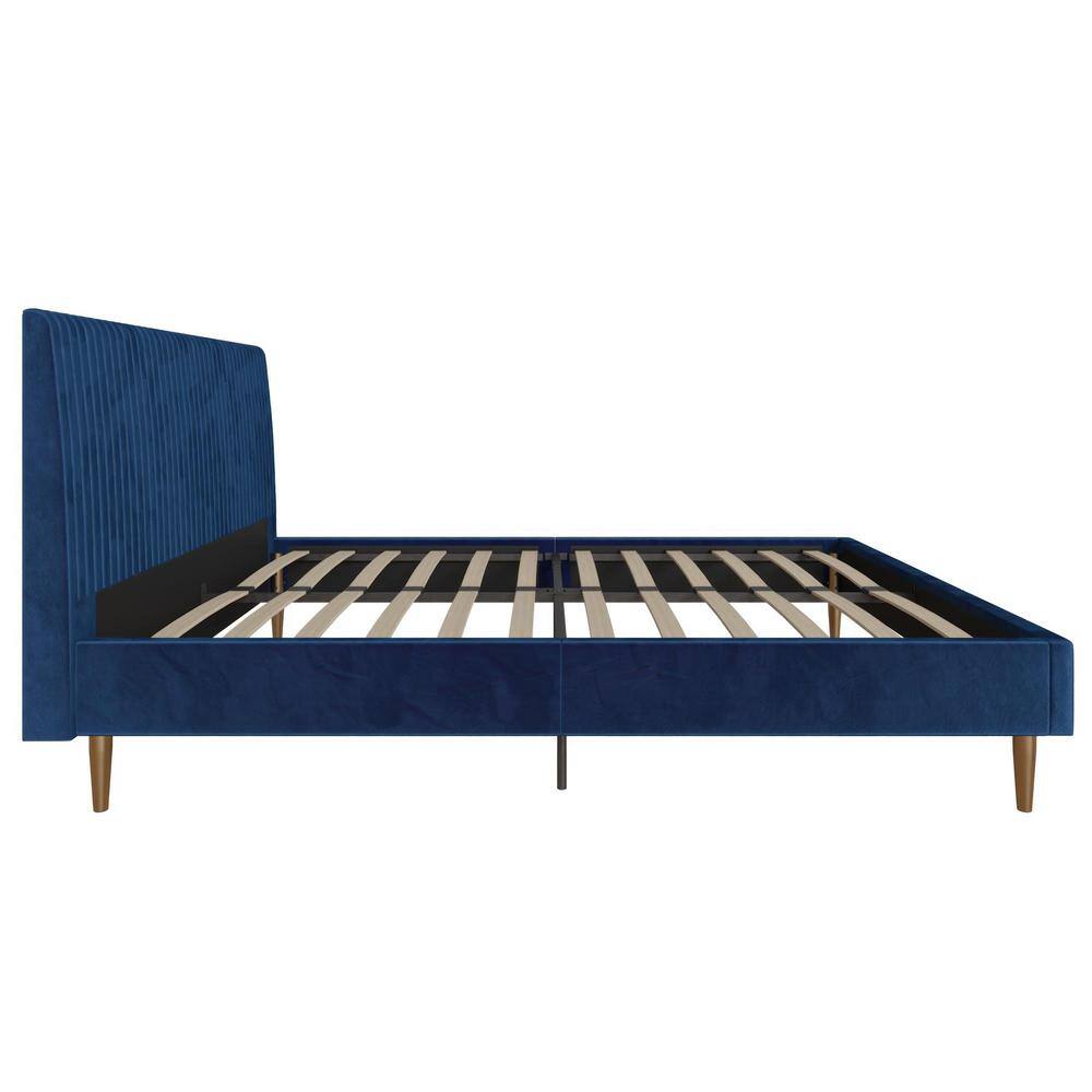 Serene Blue Velvet Queen Platform Bed with Tufted Headboard