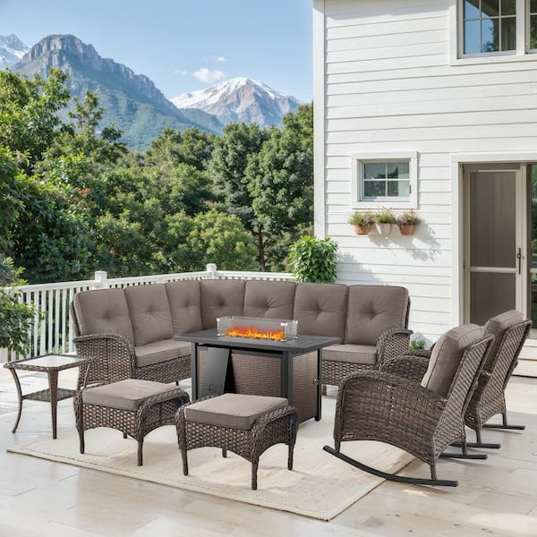 Carlos 8-Piece Patio Fire Pit Conversation Set with Rocking Chair, 8-Seat Outdoor Sectional Couch Set with Gray Cushions