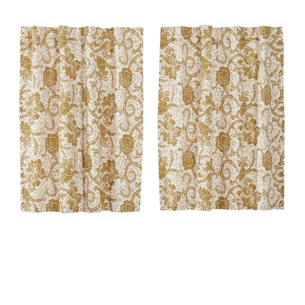 Gold Floral Cotton Light-Filtering Tier Kitchen Curtains, 36x36