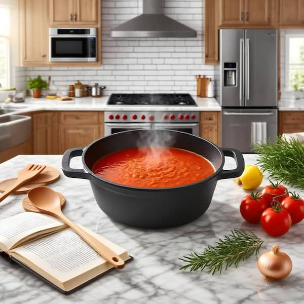 5 qt. 2 in 1 Pre-Seasoned Cast Iron Dutch Oven With Dual Handles, Outdoor Camping Deep Pot with Silicone Handel Covers