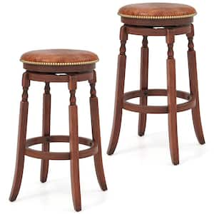 29.5 in. Walnut Brown Backless Rubber Wood Bar Stool with PU Leather Seat (Set of 2)