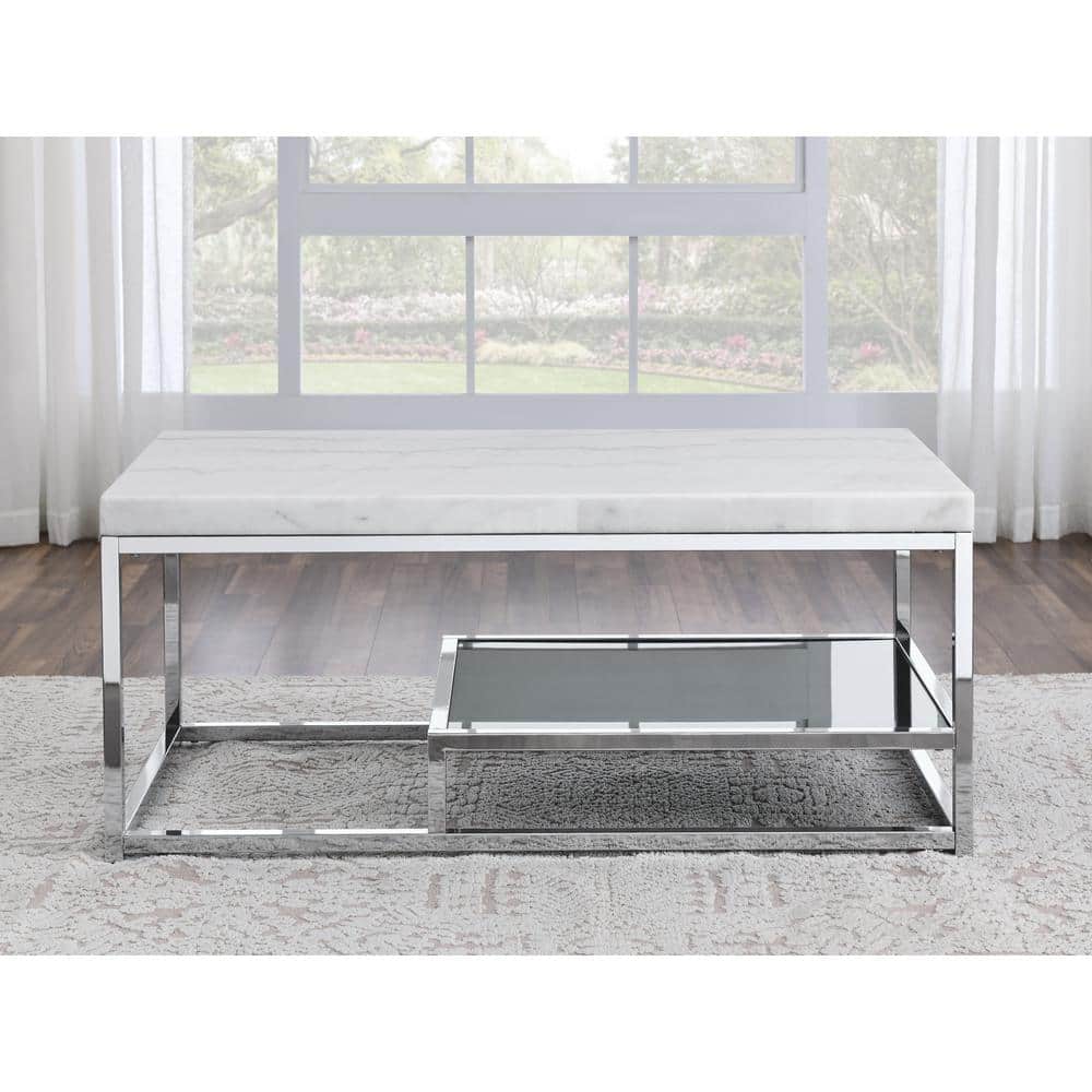 Rectangular Silver Marble and Glass Coffee Table with Storage