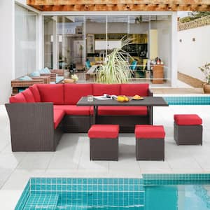 Brown 7-Pieces Wicker Patio Sectional Conversation Set with Red Cushions