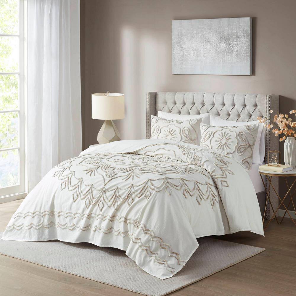 Ivory Full Tufted Cotton Chenille Coverlet Set with Graphic Detail