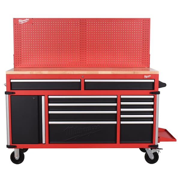 Milwaukee High-Capacity 61 in. W x 22 in. D 11-Drawer Mobile Workbench Cabinet with Solid Wood Top and Pegboard