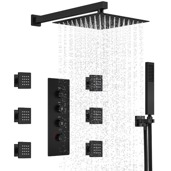 GRANDJOY 3Spray Patterns Thermostatic 12 in. Wall Mount Rain Dual